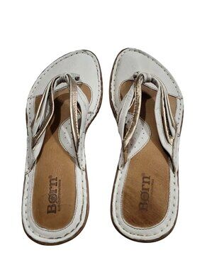 Born Womens Leather Thong Sandals Size 7 White Metallic Gold